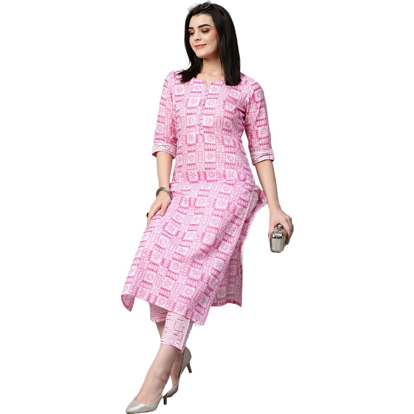 ANNI DESIGNER Women's Cotton Blend Straight Printed Kurta with Pant Set (G20 Pink_S_Pink_Small)