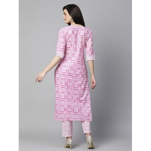 ANNI DESIGNER Women's Cotton Blend Straight Printed Kurta with Pant Set (G20 Pink_S_Pink_Small)