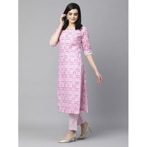 ANNI DESIGNER Women's Cotton Blend Straight Printed Kurta with Pant Set (G20 Pink_S_Pink_Small)