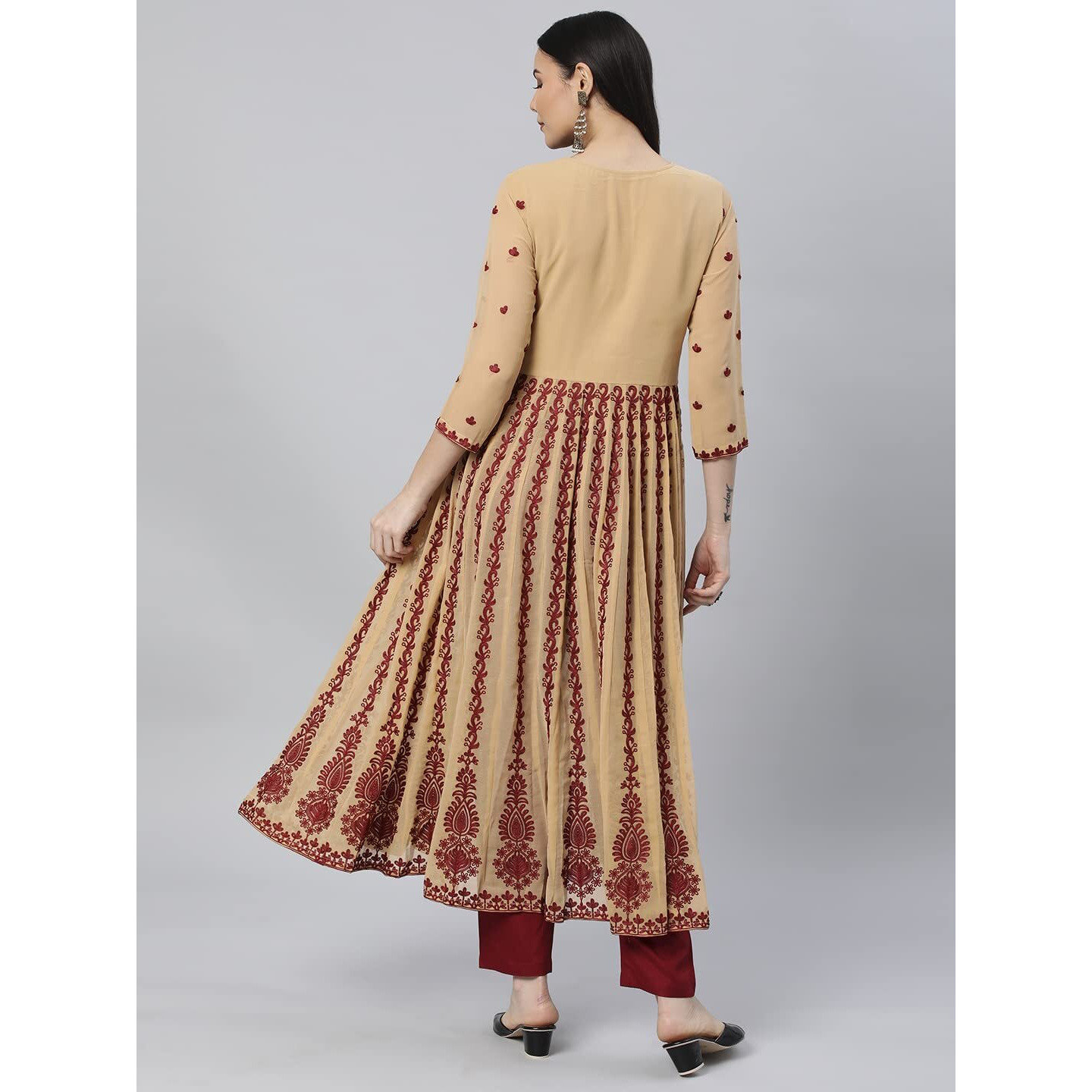 ANNI DESIGNER Women's Georgette Chikankari Embroidered Anarkali Kurti (Kari Beige-Nw1_S_Beige_Small)