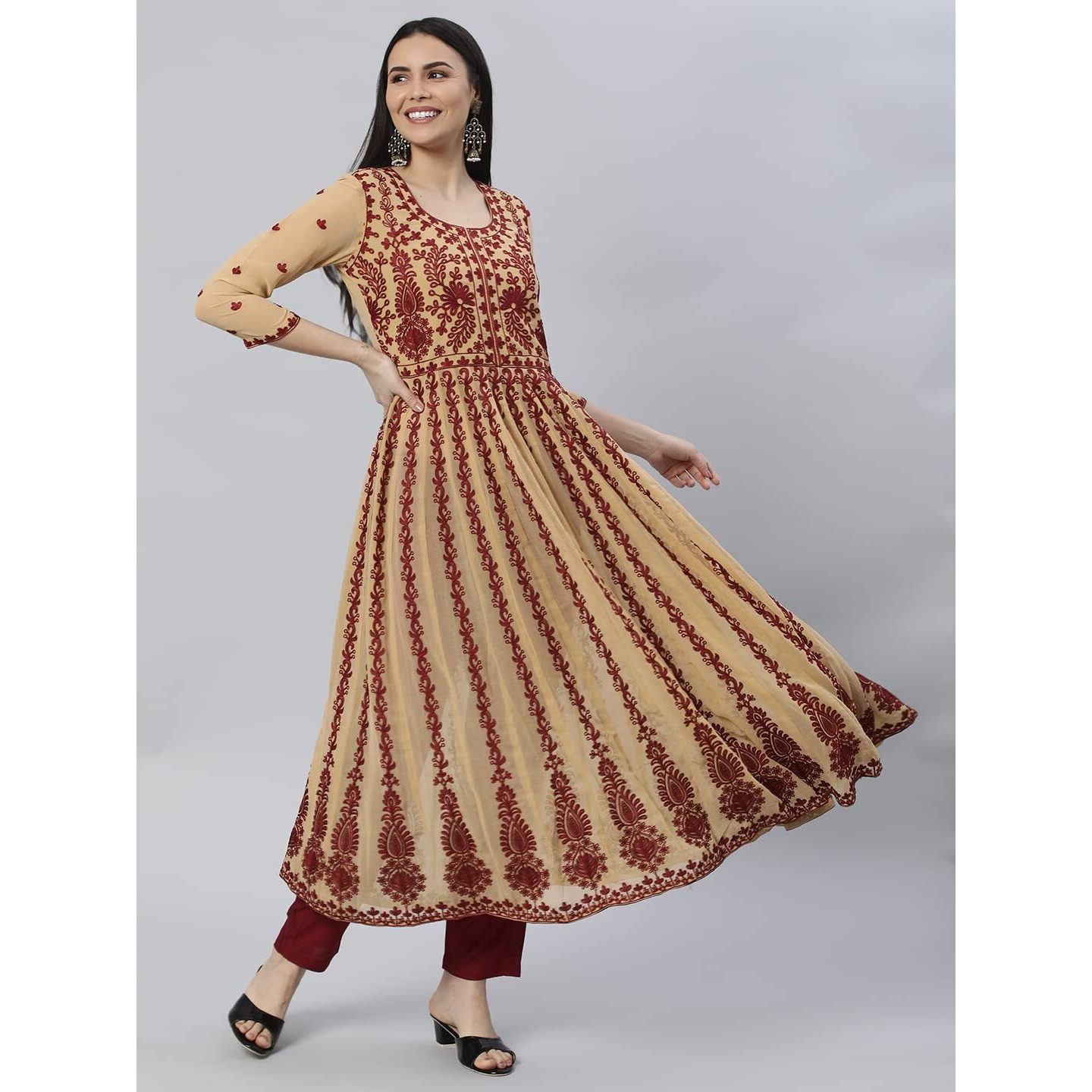 ANNI DESIGNER Women's Georgette Chikankari Embroidered Anarkali Kurti (Kari Beige-Nw1_S_Beige_Small)