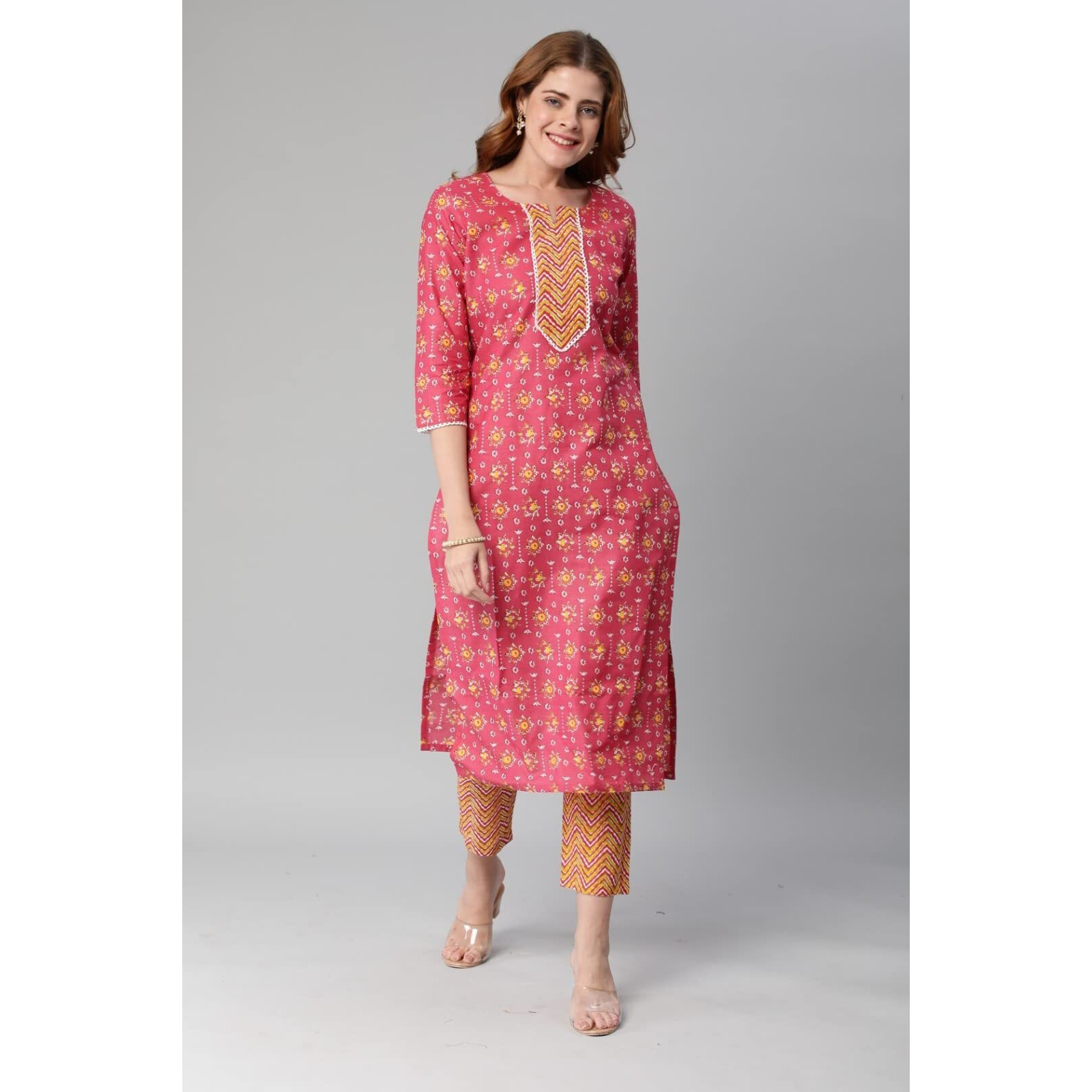 ANNI DESIGNER Women's Cotton Blend Printed Straight Kurta with Pant (Mika Pink-NwFB08_M_Pink_Medium)
