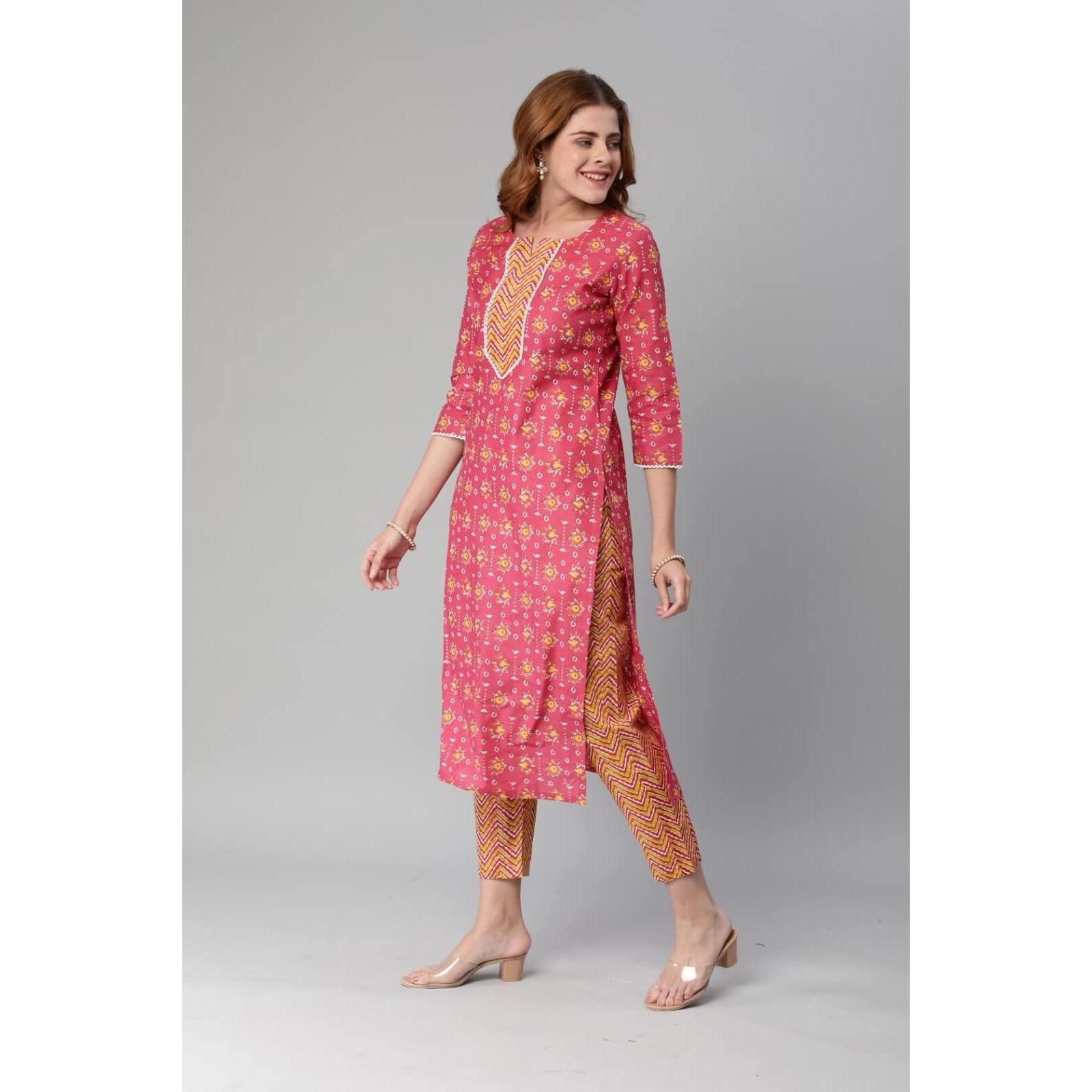 ANNI DESIGNER Women's Cotton Blend Printed Straight Kurta with Pant (Mika Pink-NwFB08_M_Pink_Medium)