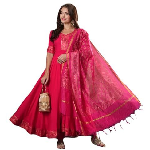 ANNI DESIGNER Women's Rayon Blend Anarkali Solid Kurta with Pant & Dupatta (GANPATI-RANI-VKS07_XXL_Pink_XX-Large)