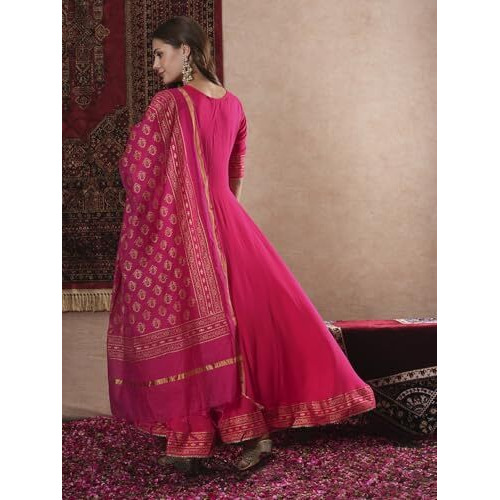 ANNI DESIGNER Women's Rayon Blend Anarkali Solid Kurta with Pant & Dupatta (GANPATI-RANI-VKS07_XXL_Pink_XX-Large)