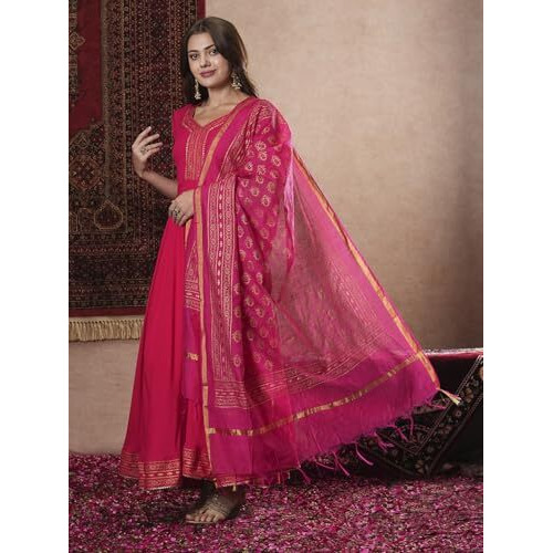 ANNI DESIGNER Women's Rayon Blend Anarkali Solid Kurta with Pant & Dupatta (GANPATI-RANI-VKS07_XXL_Pink_XX-Large)