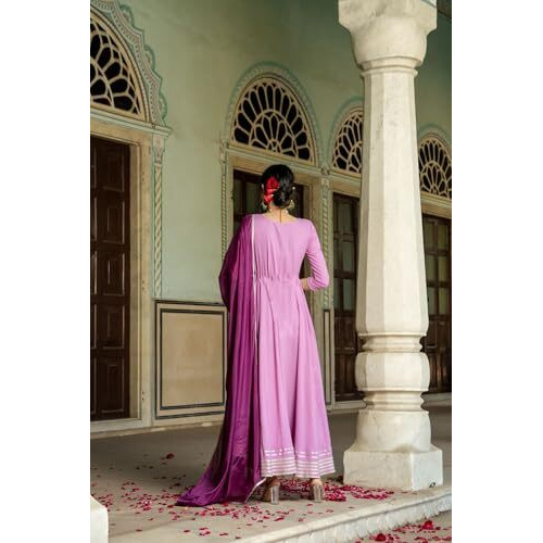 ANNI DESIGNER Women's Rayon Blend Solid Anarkali Kurta with Pant & Dupatta (KUSPARI Lavender_L_Purple_Large)