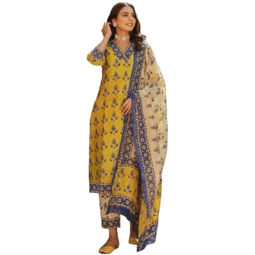 ANNI DESIGNER Women's Rayon Blend Straight Printed Kurta with Pant & Dupatta (Uchiha Mustard-VKS04_XL_Mustard_X-Large)
