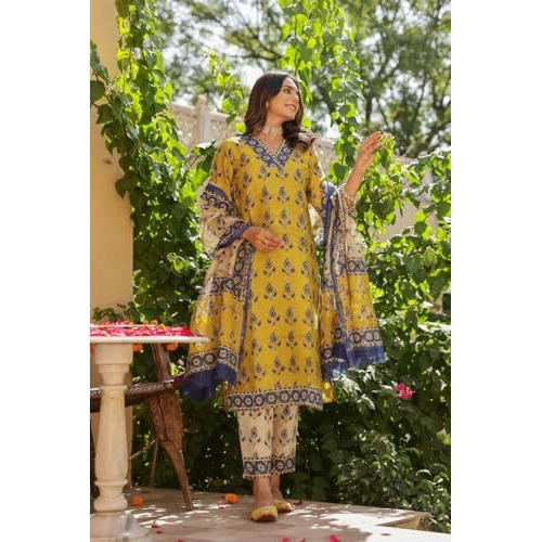 ANNI DESIGNER Women's Rayon Blend Straight Printed Kurta with Pant & Dupatta (Uchiha Mustard-VKS04_XL_Mustard_X-Large)