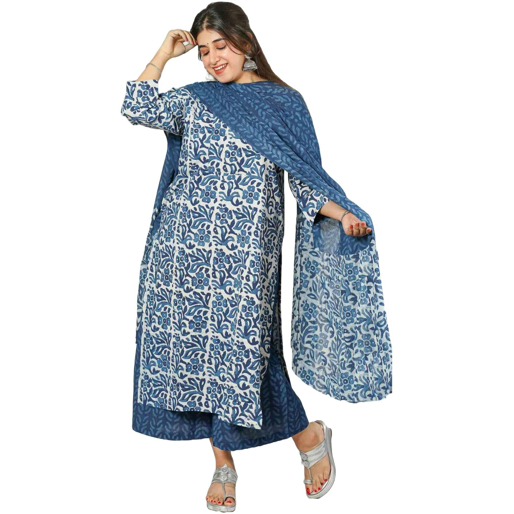 ANNI DESIGNER Women's Cotton Blend Straight Printed Kurta with Palazzo & Dupatta (Nazneen Blue_L_Blue_Large)
