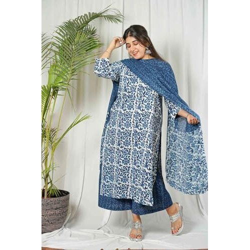 ANNI DESIGNER Women's Cotton Blend Straight Printed Kurta with Palazzo & Dupatta (Nazneen Blue_L_Blue_Large)