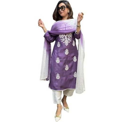 ANNI DESIGNER Women's Rayon Blend Straight Embroidered Kurta with Pant & Dupatta (Fresh-Lavender_XL_Purple_X-Large)