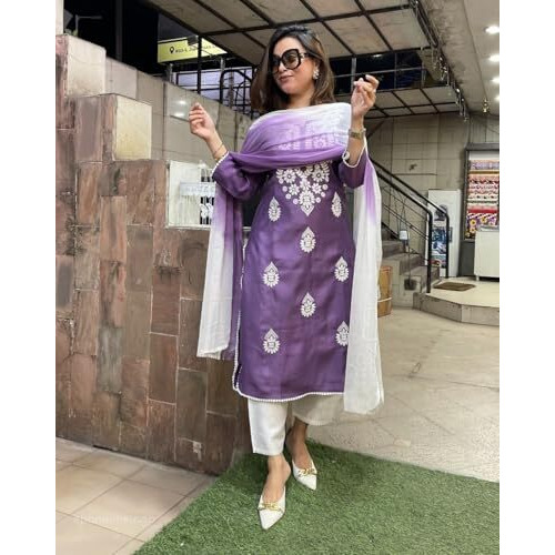 ANNI DESIGNER Women's Rayon Blend Straight Embroidered Kurta with Pant & Dupatta (Fresh-Lavender_XL_Purple_X-Large)