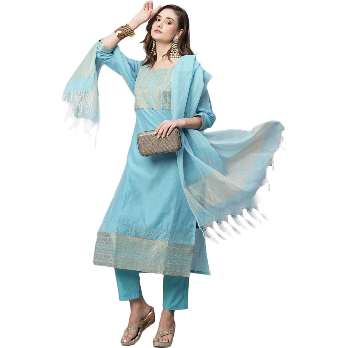 ANNI DESIGNER Women's Cotton Blend Straight Solid Kurta with Pant & Dupatta (Lahar-FIROZI_3XL_Sky Blue_XXX-Large)
