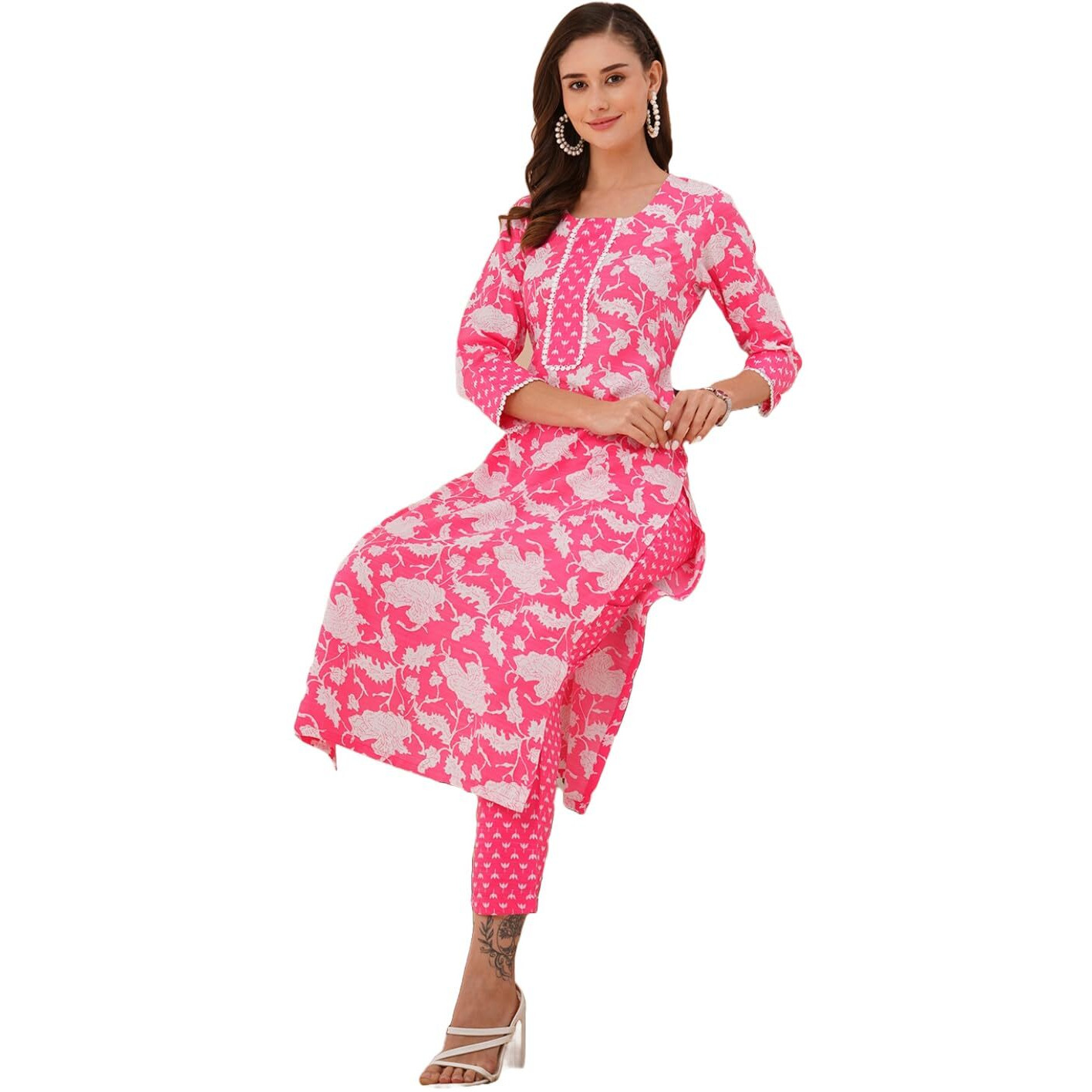 ANNI DESIGNER Women's Rayon Blend Straight Printed Kurta with Pant (Pustak Baby Pink-VKS04_S_Baby Pink_Small)