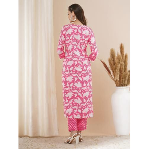 ANNI DESIGNER Women's Rayon Blend Straight Printed Kurta with Pant (Pustak Baby Pink-VKS04_S_Baby Pink_Small)