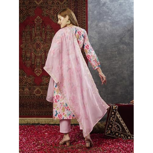 ANNI DESIGNER Women's Rayon Blend Printed Straight Kurta with Pant & Dupatta (Maslin-Multi-JL_XXL_Peach_XX-Large)