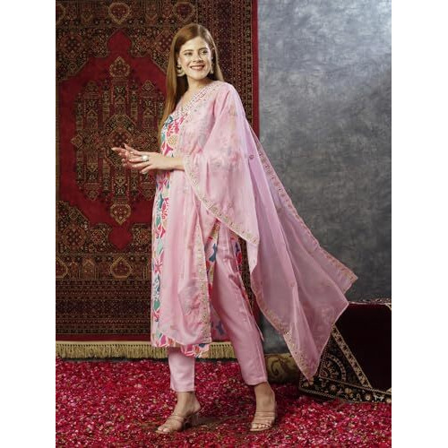 ANNI DESIGNER Women's Rayon Blend Printed Straight Kurta with Pant & Dupatta (Maslin-Multi-JL_XXL_Peach_XX-Large)