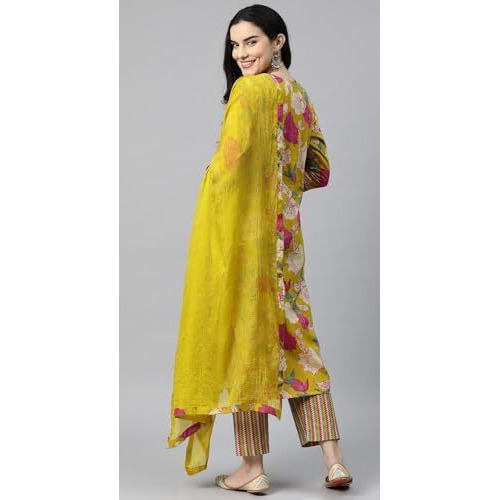 ANNI DESIGNER Women's Cotton Blend Straight Printed Kurta with Pant & Dupatta (GANITA Mustard_XXL_Mustard_XX-Large)