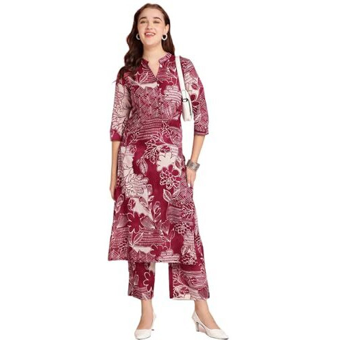 ANNI DESIGNER Women's Rayon Blend Straight Printed Kurta with Pant (Tomsk MAROON-VKS01_XXL_Maroon_XX-Large)