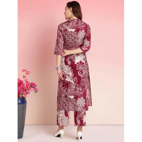ANNI DESIGNER Women's Rayon Blend Straight Printed Kurta with Pant (Tomsk MAROON-VKS01_XXL_Maroon_XX-Large)