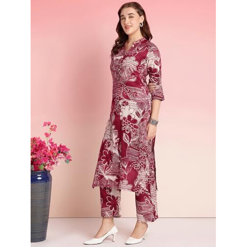 ANNI DESIGNER Women's Rayon Blend Straight Printed Kurta with Pant (Tomsk MAROON-VKS01_XXL_Maroon_XX-Large)