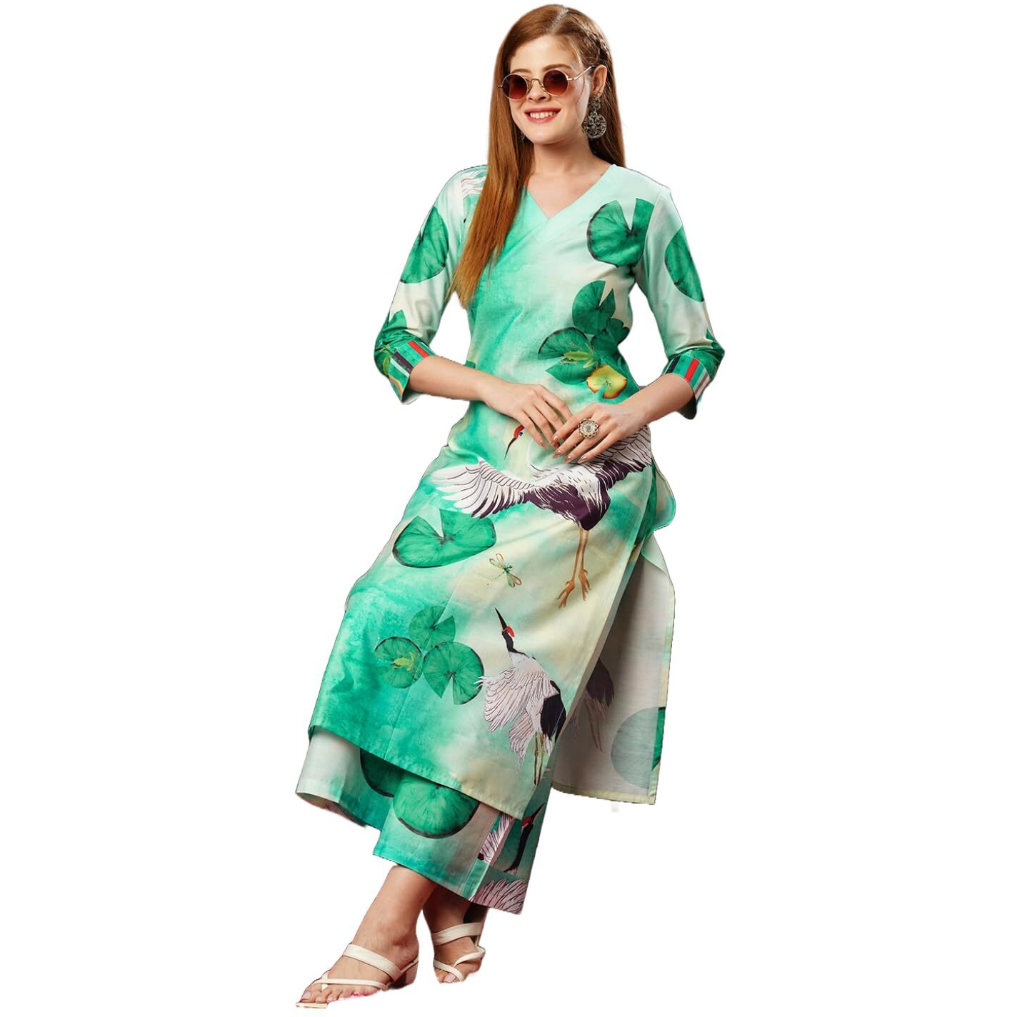 ANNI DESIGNER Women's Cotton Blend Straight Printed Kurta with Palazzo (Swans See Green-JL_XL_See Green_X-Large)