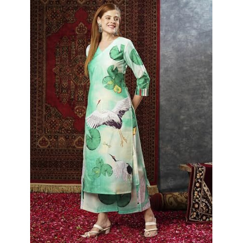 ANNI DESIGNER Women's Cotton Blend Straight Printed Kurta with Palazzo (Swans See Green-JL_XL_See Green_X-Large)