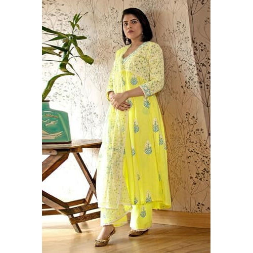 ANNI DESIGNER Women's Rayon Blend Anarkali Printed Kurta with Pant & Dupatta (Renu-Yellow-NW_XL_Yellow_X-Large)