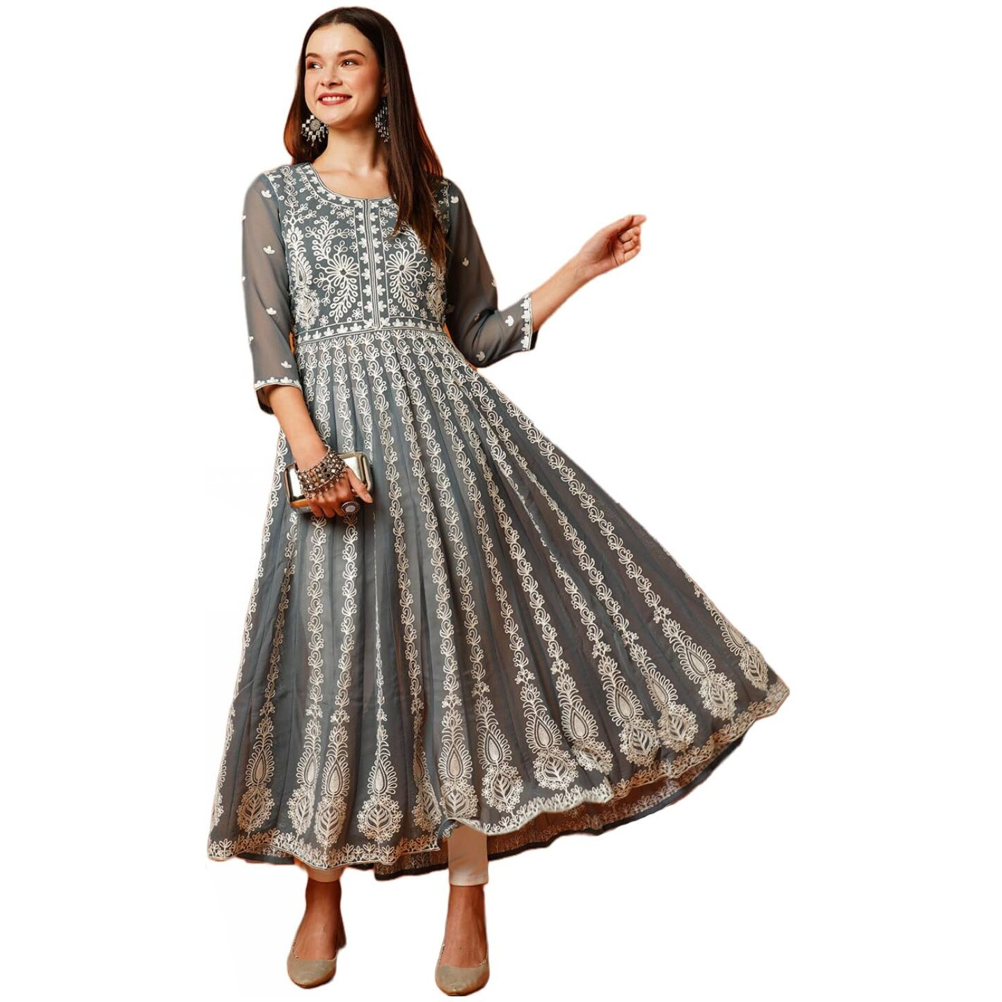ANNI DESIGNER Women's Georgette Chikankari Embroidered Anarkali Kurti (Kari Grey-KDS_XXL_Grey_XX-Large)
