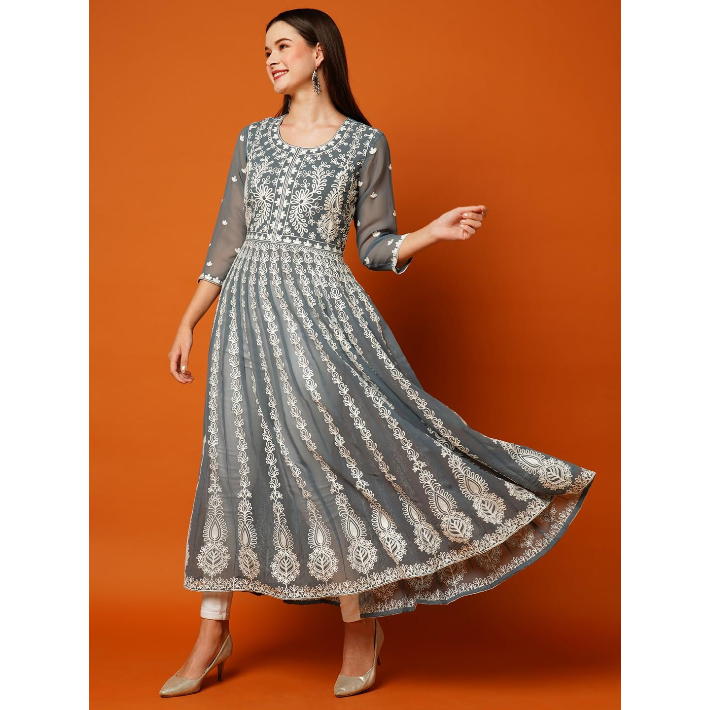 ANNI DESIGNER Women's Georgette Chikankari Embroidered Anarkali Kurti (Kari Grey-KDS_XXL_Grey_XX-Large)