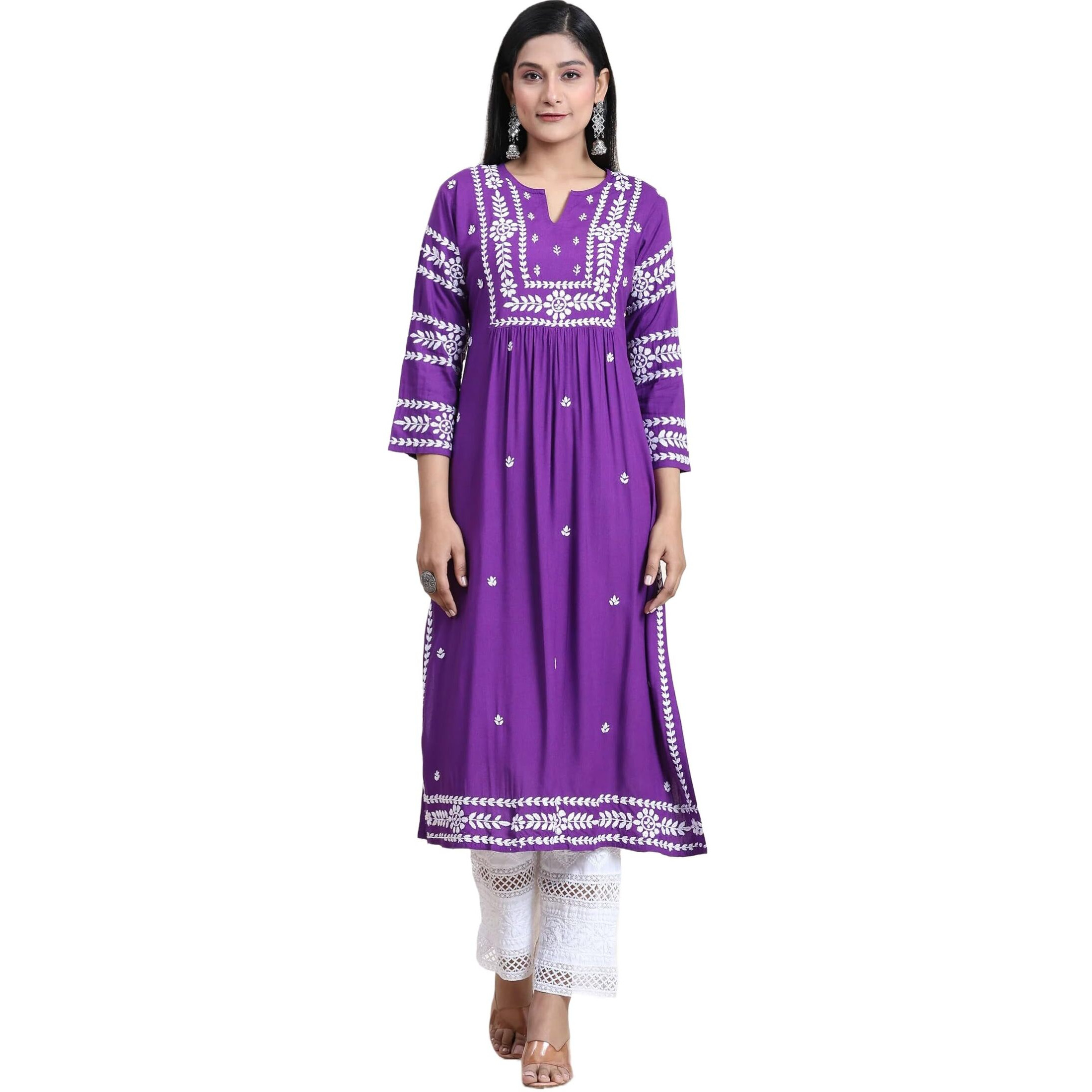 ANNI DESIGNER Women's Rayon Blend Chikankari Embroidered Straight Kurta (ELEVAN-BEGANI_M_Purple_Medium)