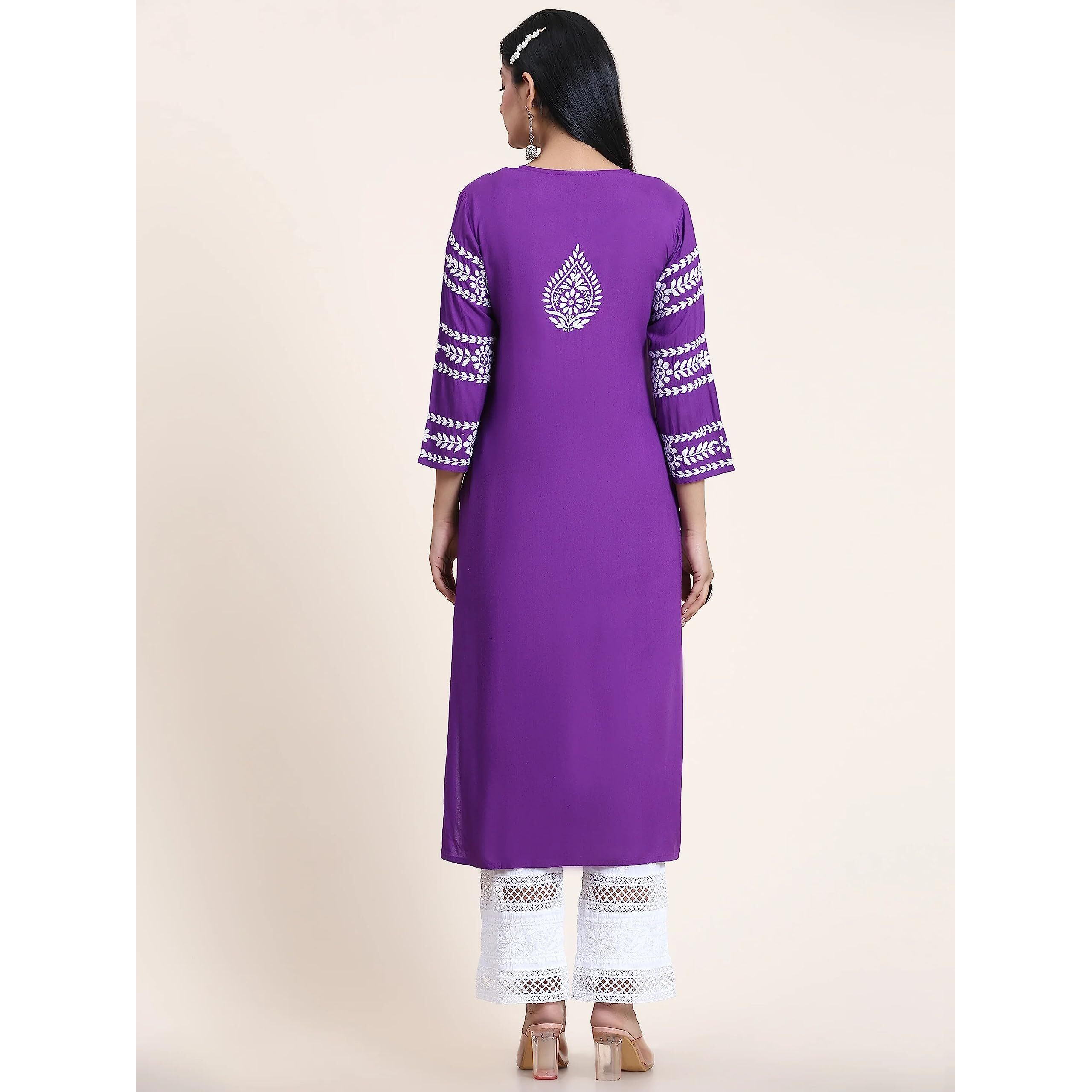 ANNI DESIGNER Women's Rayon Blend Chikankari Embroidered Straight Kurta (ELEVAN-BEGANI_M_Purple_Medium)