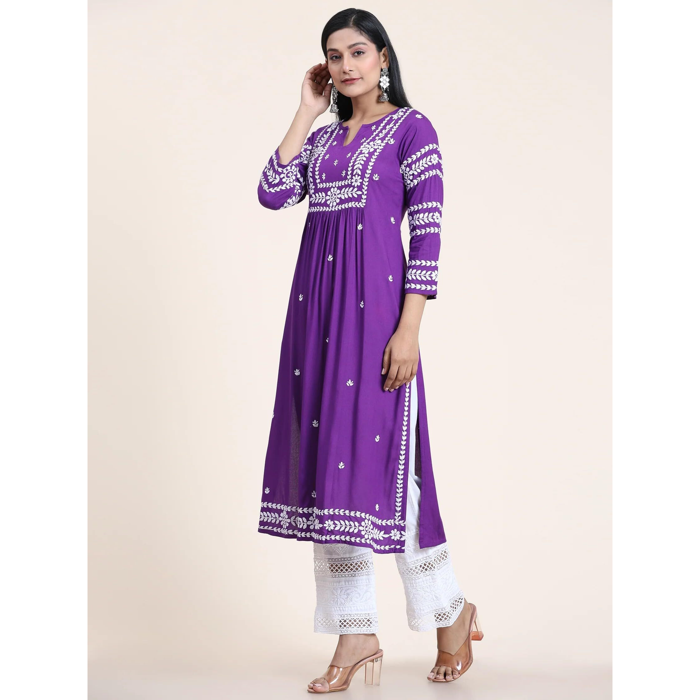 ANNI DESIGNER Women's Rayon Blend Chikankari Embroidered Straight Kurta (ELEVAN-BEGANI_M_Purple_Medium)