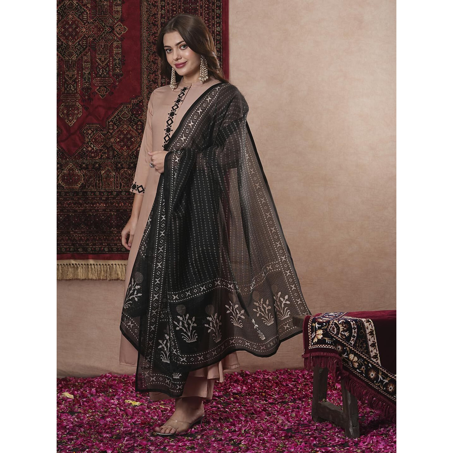 ANNI DESIGNER Women's Cotton Blend Straight Solid Kurta with Pant & Dupatta (PRABITA Beige_XL_Beige_X-Large)