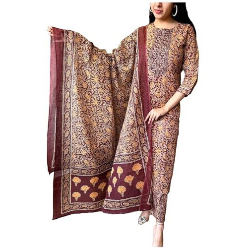 ANNI DESIGNER Women's Rayon Blend Straight Printed Kurta with Pant & Dupatta (Maslona Maroon_XL_Maroon_X-Large)