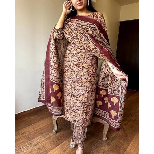 ANNI DESIGNER Women's Rayon Blend Straight Printed Kurta with Pant & Dupatta (Maslona Maroon_XL_Maroon_X-Large)