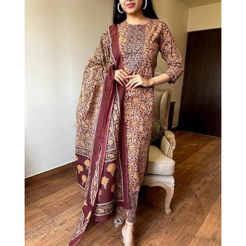 ANNI DESIGNER Women's Rayon Blend Straight Printed Kurta with Pant & Dupatta (Maslona Maroon_XL_Maroon_X-Large)