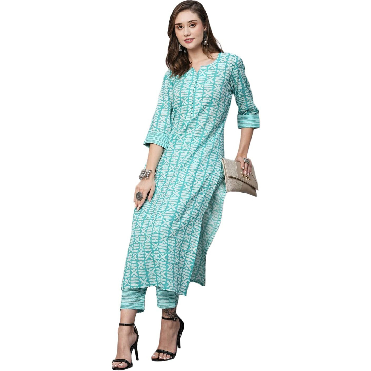 ANNI DESIGNER Women's Cotton Blend Straight Printed Kurta with Pant (Ubika Light Blue_S_Light Blue_Small)