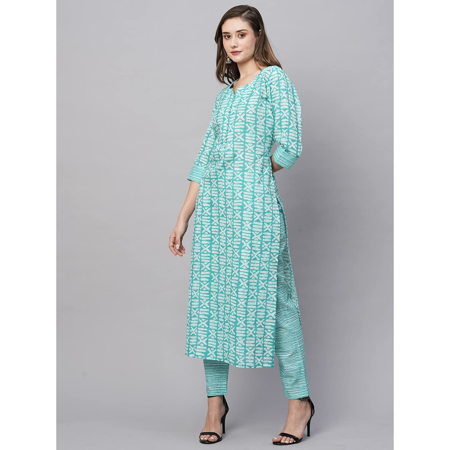 ANNI DESIGNER Women's Cotton Blend Straight Printed Kurta with Pant (Ubika Light Blue_S_Light Blue_Small)