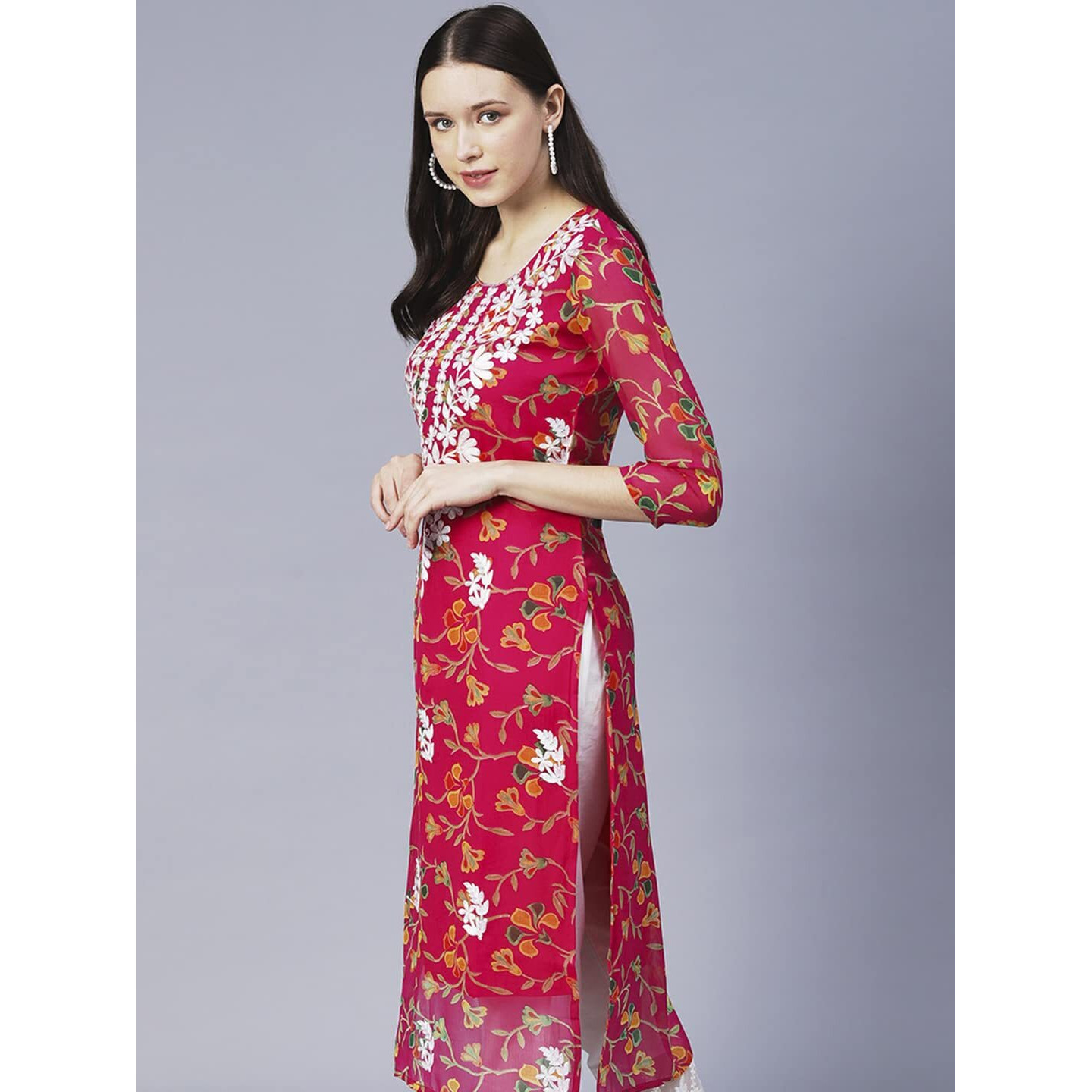 ANNI DESIGNER Women's Printed Georgette Chikankari Embroidered Kurti (Gori-Dark Pink_S_Dark Pink_Small)
