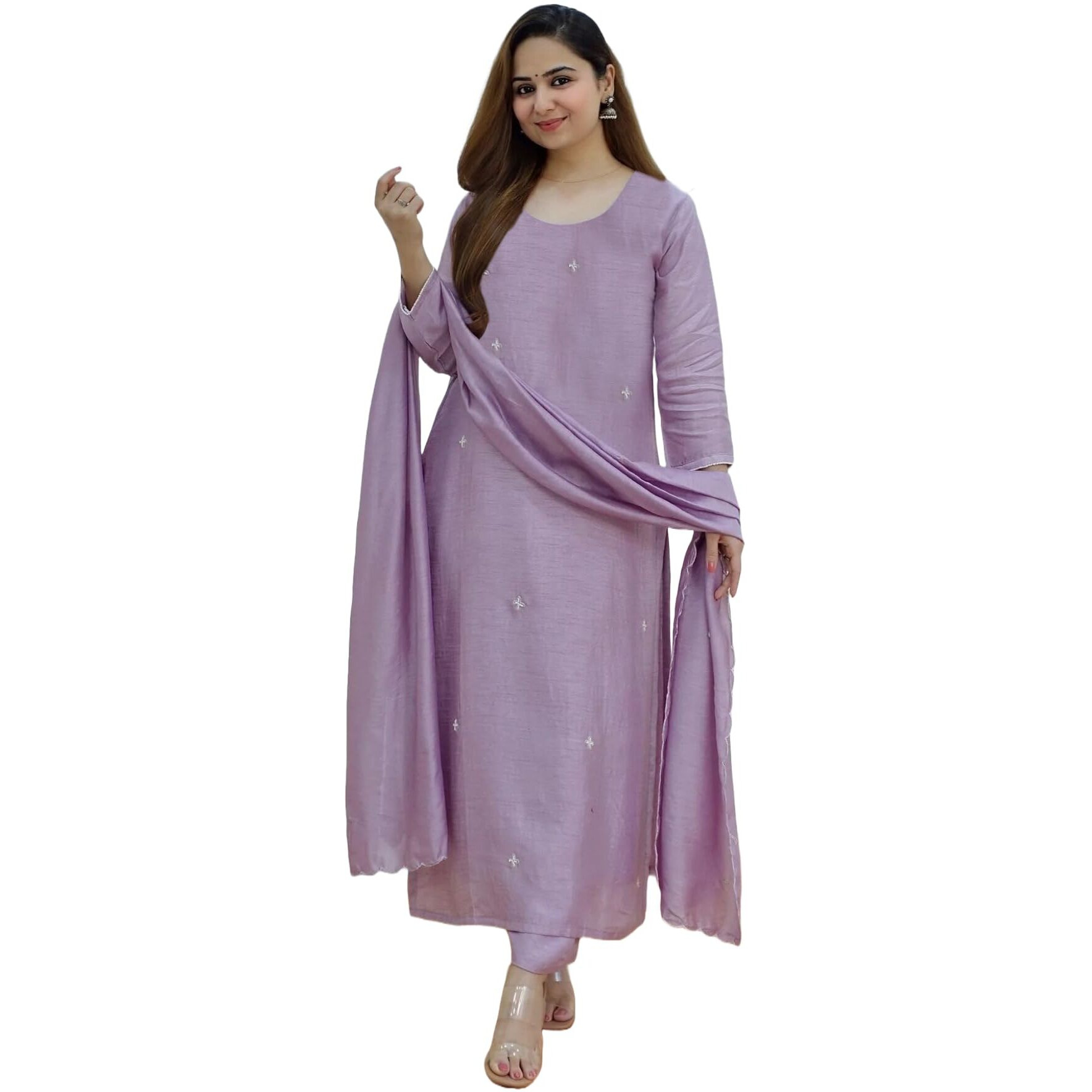 ANNI DESIGNER Women's Rayon Blend Embroidered Straight Kurta with Pant & Dupatta (Mohana Purple_S_Purple_Small)