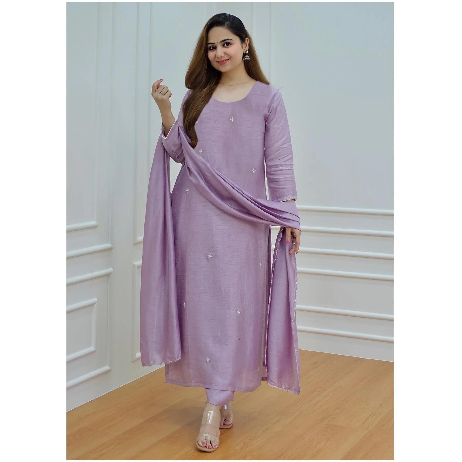 ANNI DESIGNER Women's Rayon Blend Embroidered Straight Kurta with Pant & Dupatta (Mohana Purple_S_Purple_Small)
