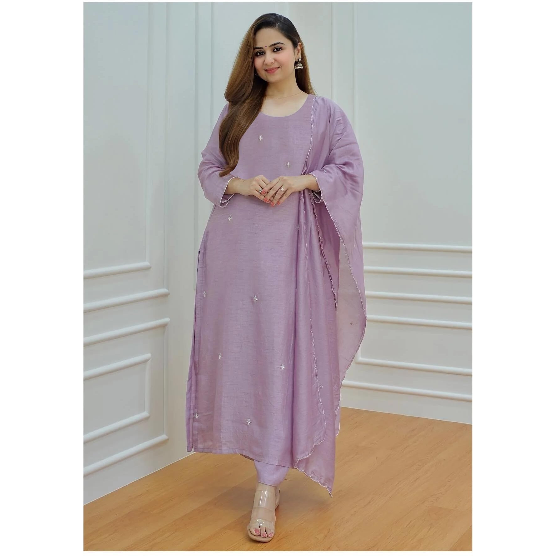 ANNI DESIGNER Women's Rayon Blend Embroidered Straight Kurta with Pant & Dupatta (Mohana Purple_S_Purple_Small)
