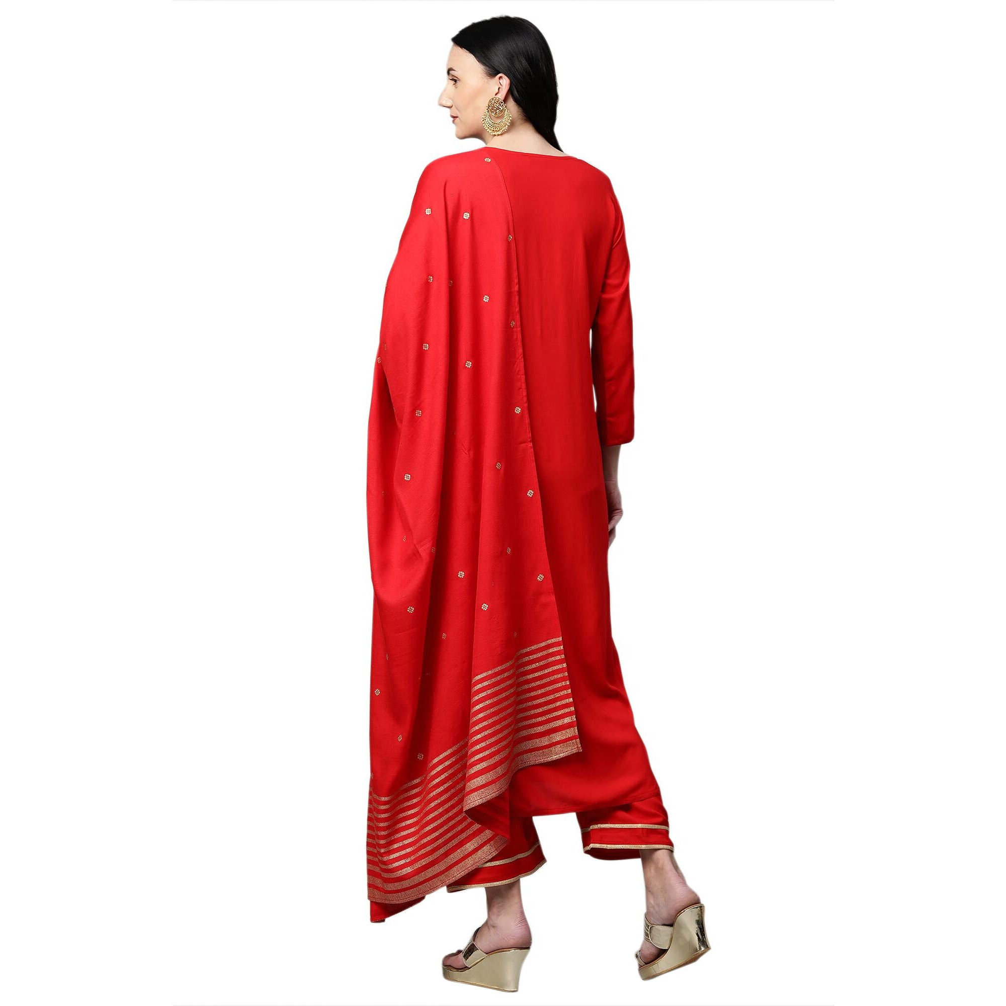 ANNI DESIGNER Women's Ruby Cotton Straight Kurta with Palazzo & Dupatta (Game RED_S_Red_Small)