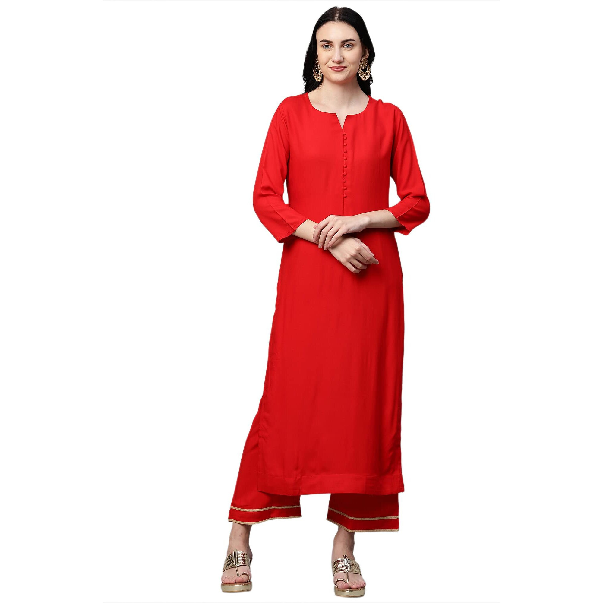 ANNI DESIGNER Women's Ruby Cotton Straight Kurta with Palazzo & Dupatta (Game RED_S_Red_Small)