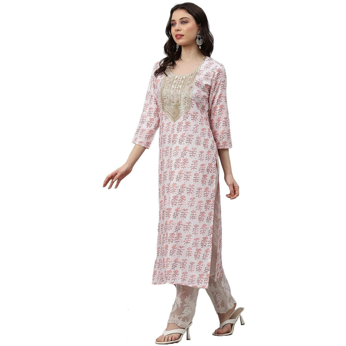 ANNI DESIGNER Women's Cotton Blend Straight Yoke Design Printed Kurta (Chameli Peach-KFV_S_Peach_Small)