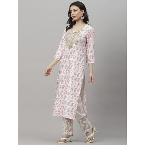 ANNI DESIGNER Women's Cotton Blend Straight Yoke Design Printed Kurta (Chameli Peach-KFV_S_Peach_Small)