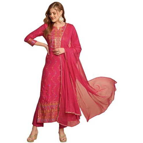 ANNI DESIGNER Women's Cotton Blend Straight Printed Kurta with Pant & Dupatta (Kamita Pink-NW_L_Pink_Large)
