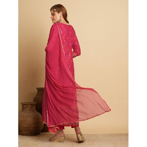 ANNI DESIGNER Women's Cotton Blend Straight Printed Kurta with Pant & Dupatta (Kamita Pink-NW_L_Pink_Large)